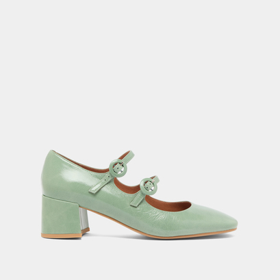 Mary Janes with double straps and rounded toes in green shiny leather | DELOU