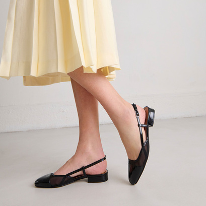 Slingbacks ballet flats en vernis pliss&eacute; noir et r&eacute;sille noire | DHAPILLE