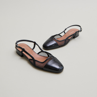 Slingbacks ballet flats en vernis pliss&eacute; noir et r&eacute;sille noire | DHAPILLE