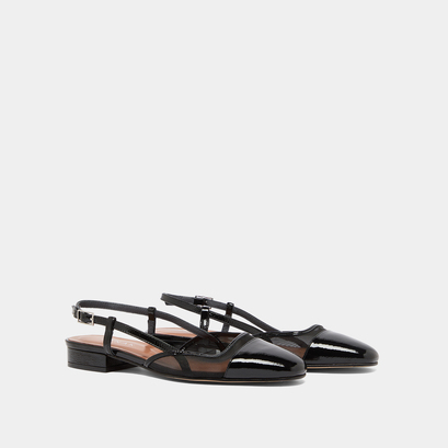Slingbacks ballet flats en vernis pliss&eacute; noir et r&eacute;sille noire | DHAPILLE