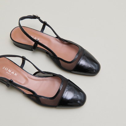 Slingbacks ballet flats en vernis pliss&eacute; noir et r&eacute;sille noire | DHAPILLE