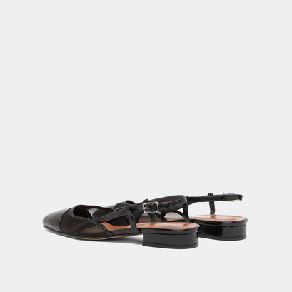 Slingbacks ballet flats en vernis pliss&eacute; noir et r&eacute;sille noire | DHAPILLE