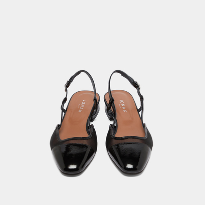 Slingbacks ballet flats en vernis pliss&eacute; noir et r&eacute;sille noire | DHAPILLE