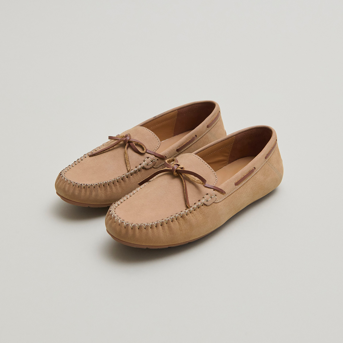 Ruched loafers with laces in beige nubuck and cognac leather | ANGELIQUE