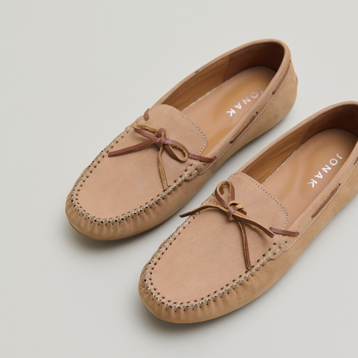 Ruched loafers with laces in beige nubuck and cognac leather | ANGELIQUE