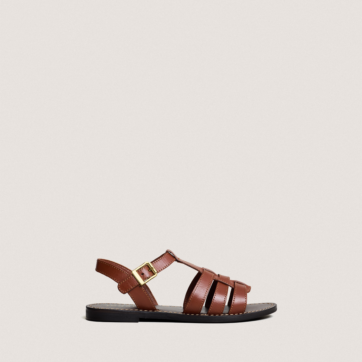 Sandals with adjustable buckles and topstitching in cognac leather | WIM