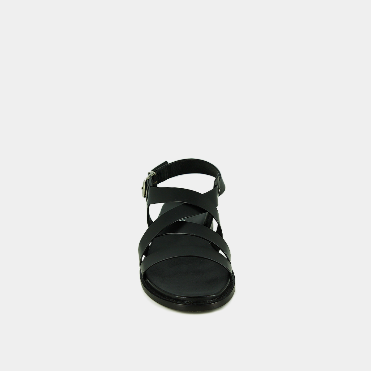 Sandals with criss-cross straps and adjustable buckles in black leather | WOKY