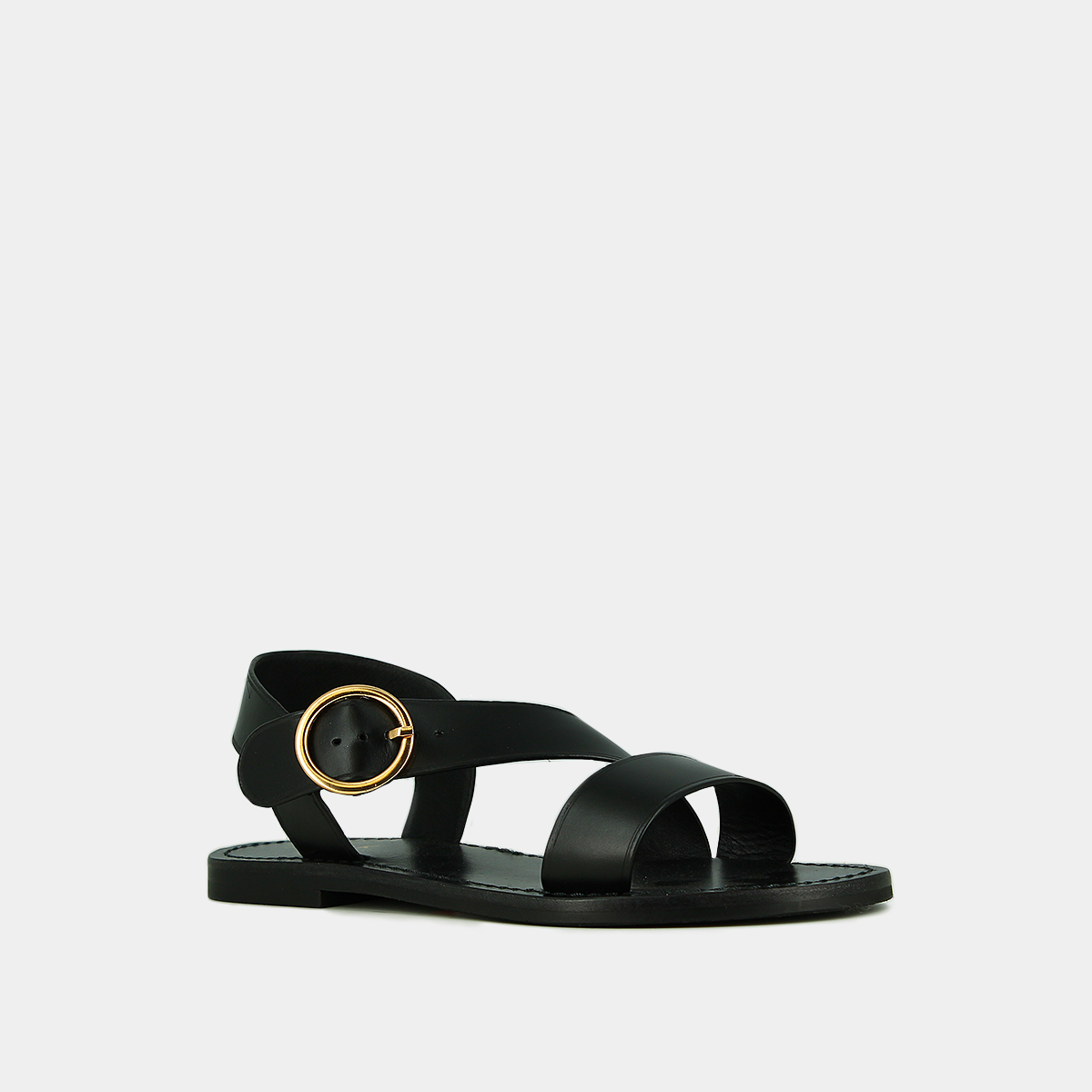 Sandals with wide straps and adjustable buckles in black leather | WELBI