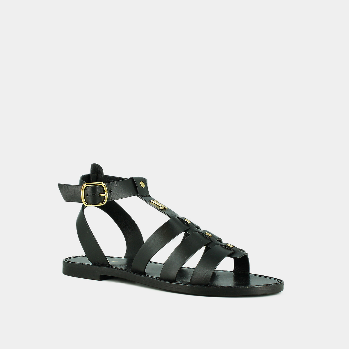 Monogrammed sandals with adjustable buckles in black leather | WAN