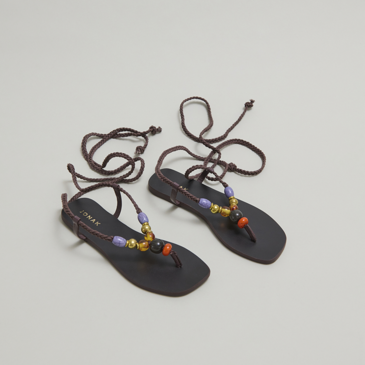 Beach sandals with laces in dark brown leather and rope | SIENNA