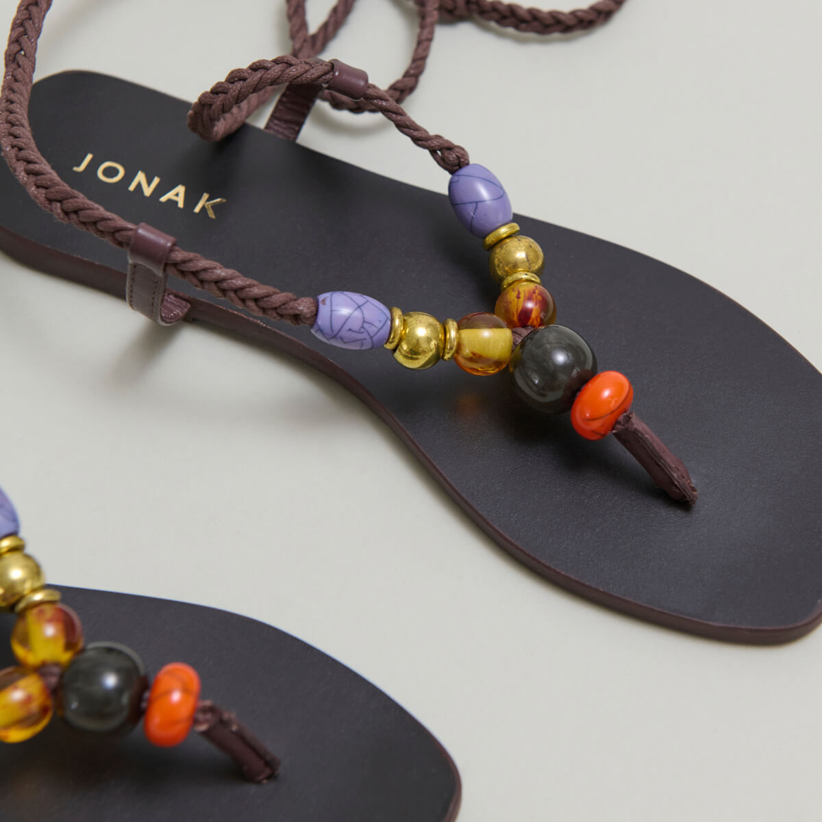 Beach sandals with laces in dark brown leather and rope | SIENNA