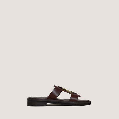 Mules with golden bits in dark brown leather | dop
