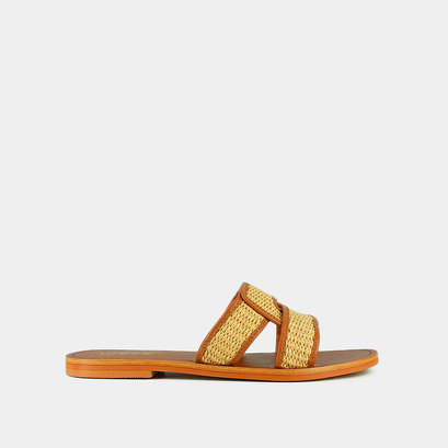 Plagettes with wide straps in beige raffia and camel leather | wava