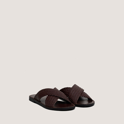 Plagettes with wide criss-cross straps in dark brown leather | witch