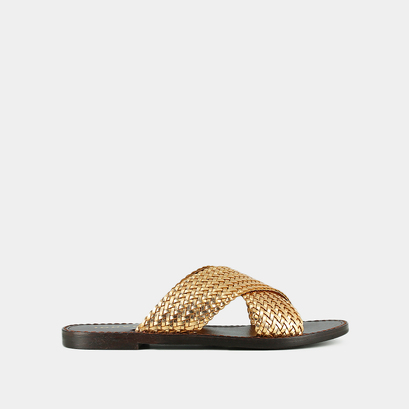 Plagettes with wide criss-cross straps in gold leather | witch