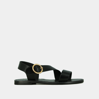 Sandals with wide straps and adjustable buckles in black leather | welbi