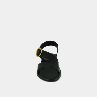 Sandals with wide straps and adjustable buckles in black leather | welbi