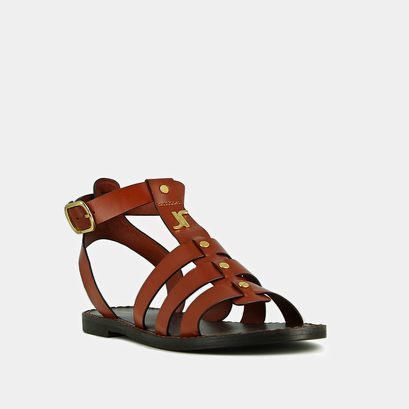 Monogrammed sandals with adjustable buckles in cognac leather | wan