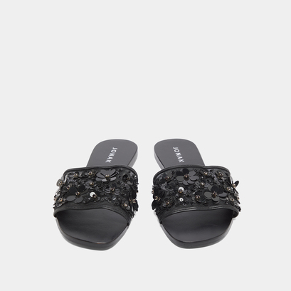 Beach sandals with flowers in black leather and black textile | sun