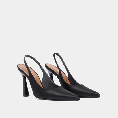 Pointed-toe slingbacks in black satin | dressy