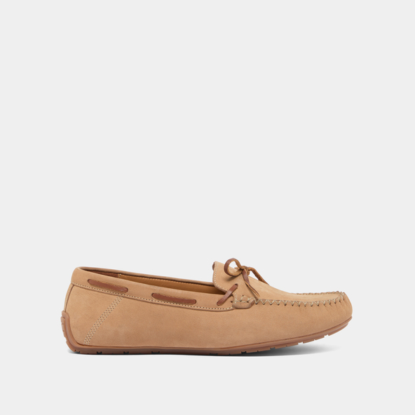 Ruched loafers with laces in beige nubuck and cognac leather | ANGELIQUE