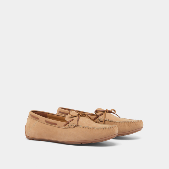 Ruched loafers with laces in beige nubuck and cognac leather | ANGELIQUE