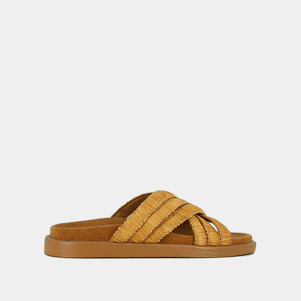 Mules with overlapping straps in beige raffia | WONG