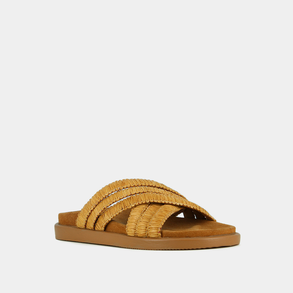 Mules with overlapping straps in beige raffia | WONG