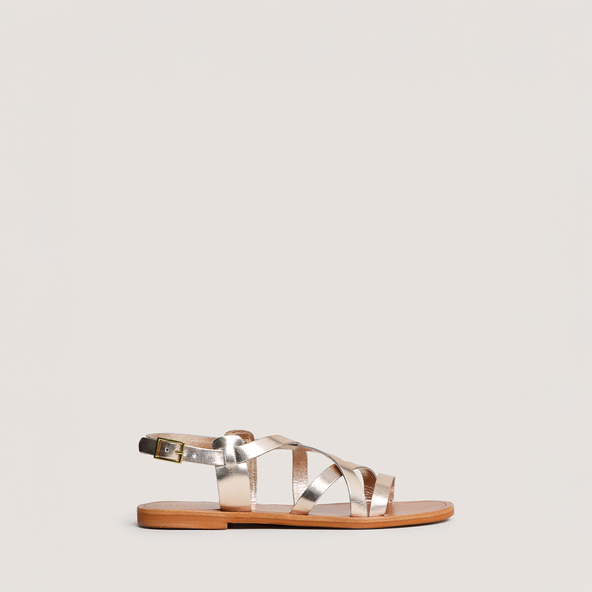 Cross-strap sandals in platinum and cognac metallic leather | WISCHIA