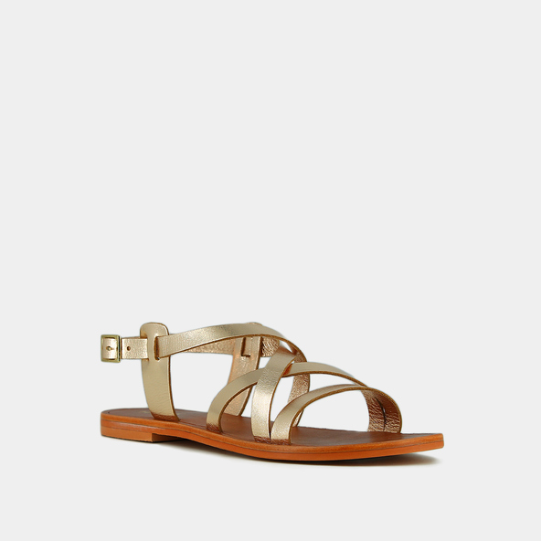 Cross-strap sandals in platinum and cognac metallic leather | WISCHIA
