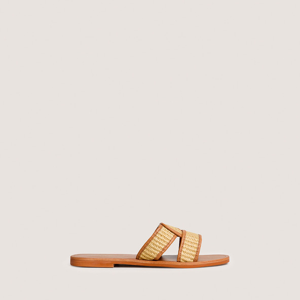 Plagettes with wide straps in beige raffia and camel leather | WAVA