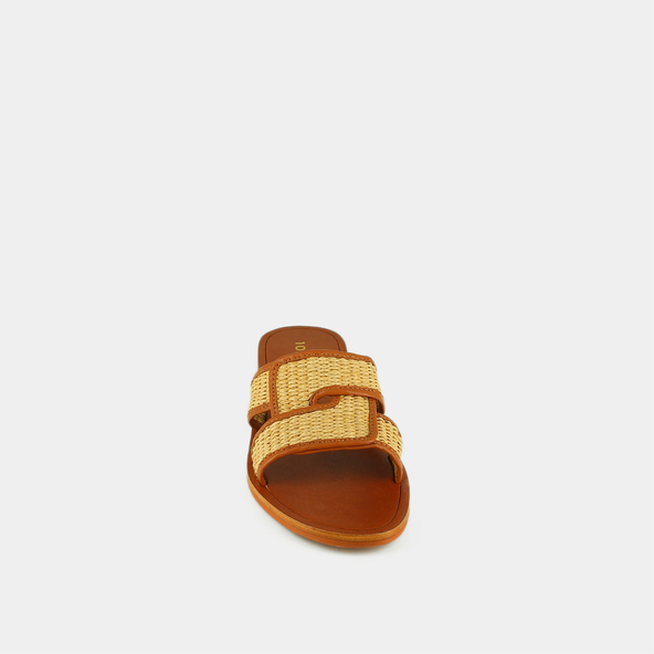 Plagettes with wide straps in beige raffia and camel leather | WAVA