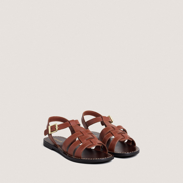 Sandals with adjustable buckles and topstitching in cognac leather | WIM