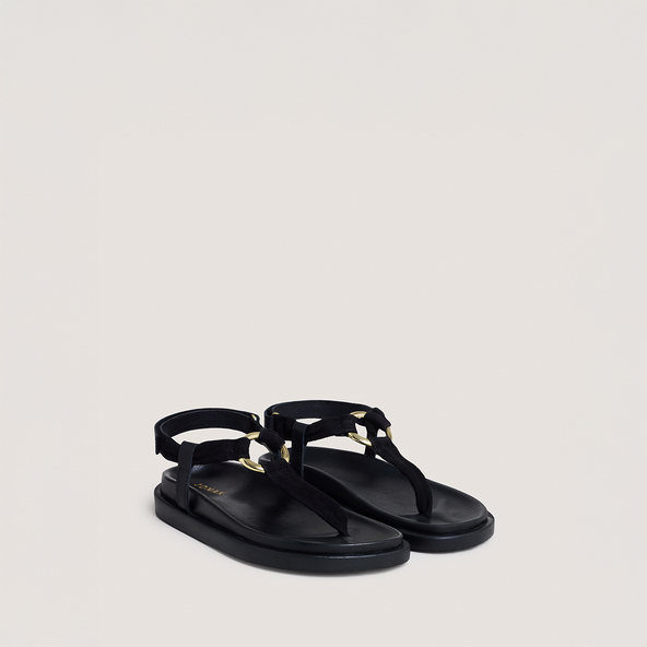 Strappy sandals with round details in black velvet and leather | WILIANA