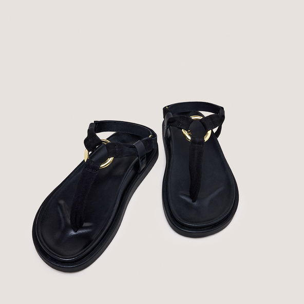 Strappy sandals with round details in black velvet and leather | WILIANA