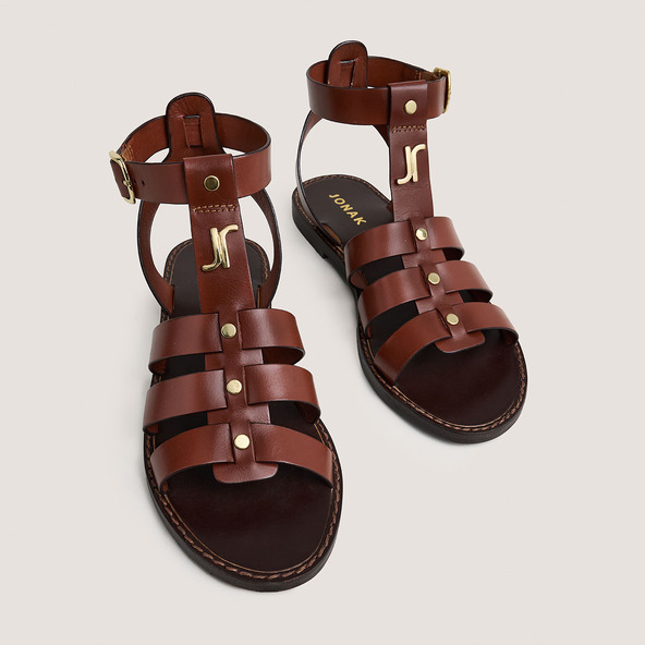 Monogrammed sandals with adjustable buckles in cognac leather | WAN
