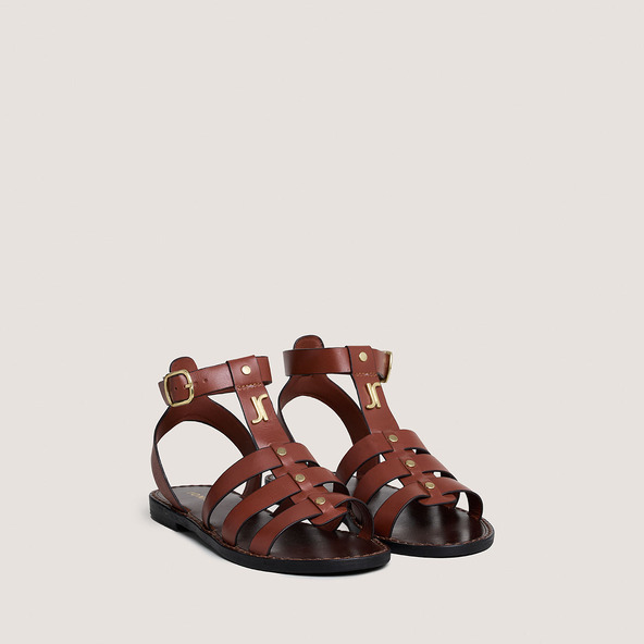 Monogrammed sandals with adjustable buckles in cognac leather | WAN
