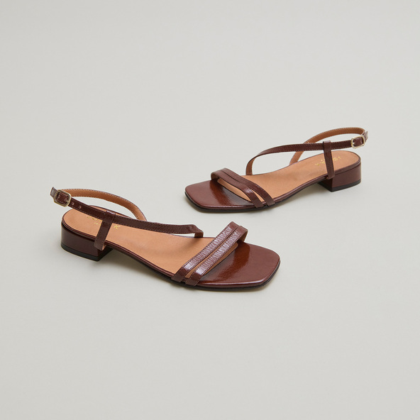 Sandals with small heels in dark brown shiny leather | ANAYA