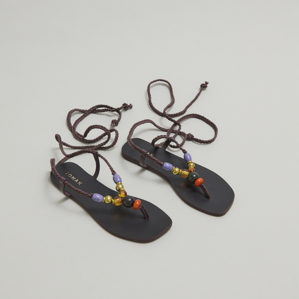 Beach sandals with laces in dark brown leather and rope | SIENNA