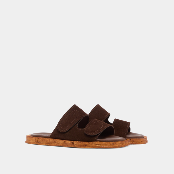 Mules with two straps in dark brown suede | ELSIE