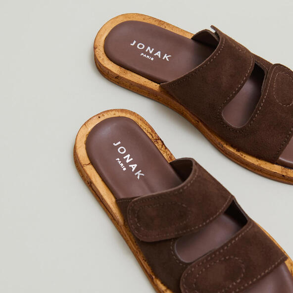 Mules with two straps in dark brown suede | ELSIE