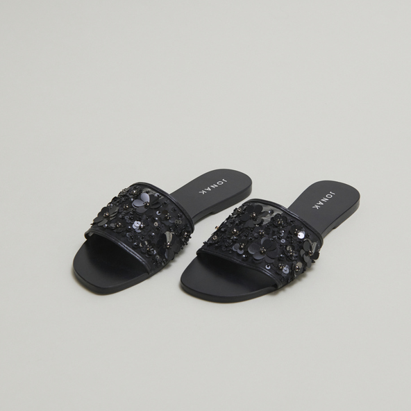 Beach sandals with flowers in black leather and black textile | SUN