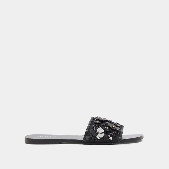 Beach sandals with flowers in black leather and black textile | SUN