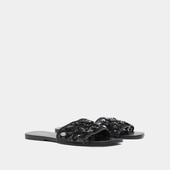 Beach sandals with flowers in black leather and black textile | SUN