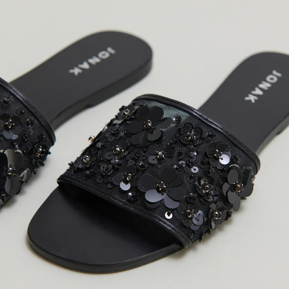 Beach sandals with flowers in black leather and black textile | SUN