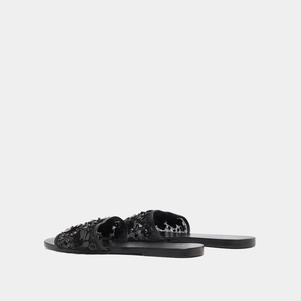 Beach sandals with flowers in black leather and black textile | SUN