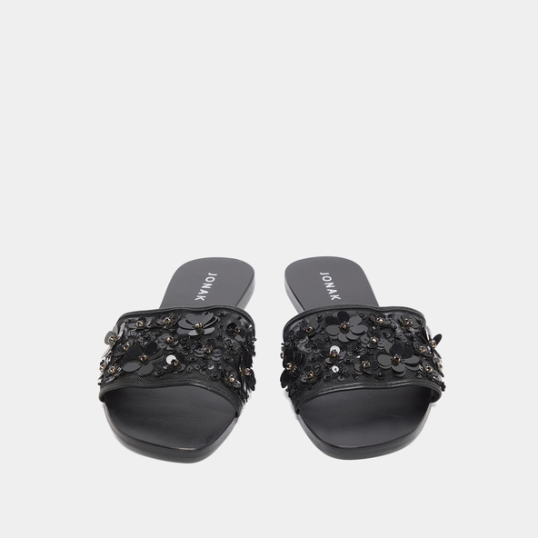 Beach sandals with flowers in black leather and black textile | SUN