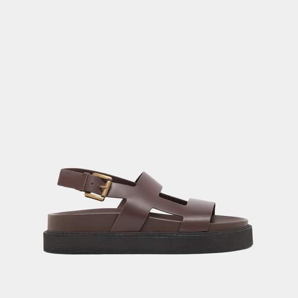 Cross-strap sandals in dark brown glazed leather | LAGUNE