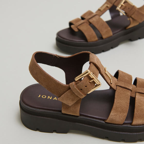 Platform sandals with monograms in taupe suede | londres