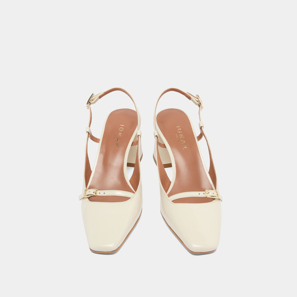 Heeled slingbacks in ecru shiny leather | DADELLE